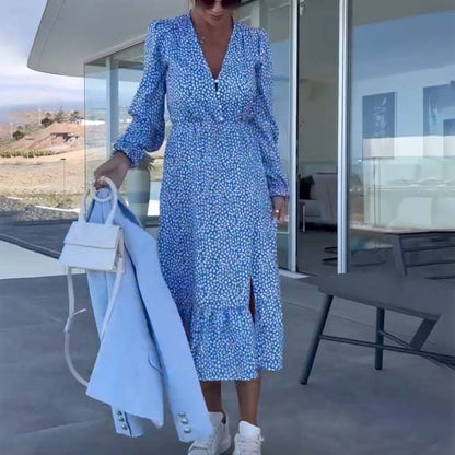 Women’s Blue Printed V-neck Long-sleeve Dress