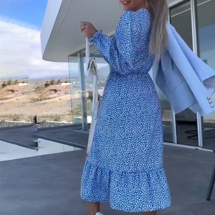 Women’s Blue Printed V-neck Long-sleeve Dress