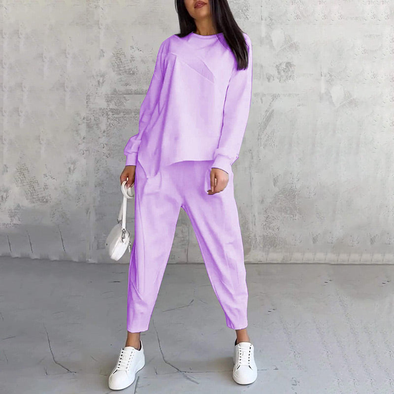 Women Long-Sleeve Irregular Hem Sweatshirts & Pants Set